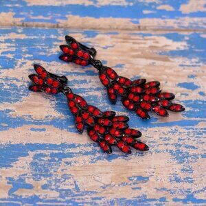 Vintage Red Rhinestones Black Dangle Earrings - L32